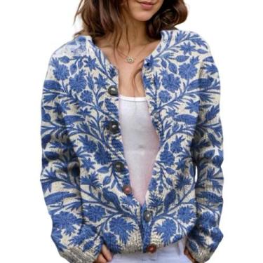 Imagem de Suéter de cardigã Akivide feminino com estampa floral, tricotado, outo