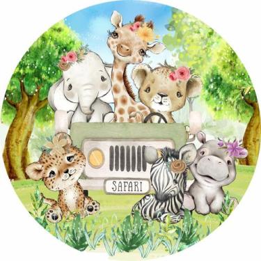 Imagem de Painel em Tecido Sublimado Redondo Safári Aquarela Baby Animais e Flor