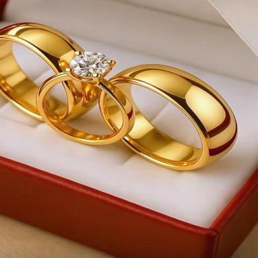 Imagem de Conjunto de Alianças Banhadas a Ouro 18K com Anel Solitário e Pedra de