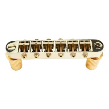 Imagem de OVSAL Ponte de guitarra Gold Tune-O-Matic com selas de aço inoxidável pinos M8 rosca métrica ponte fixa de 6 cordas compatível com pontes de guitarra elétrica estilo Les Paul Lp Ep peças de reposição