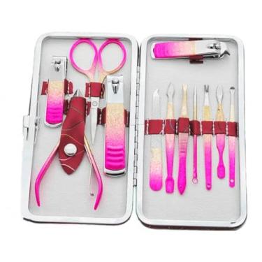 Imagem de Kit Manicure Profissional 12 Peças em Aço Inoxidável com Estojo Rosa e Dourado – Cortadores, Alicate e Acessórios de Unhas Portátil
