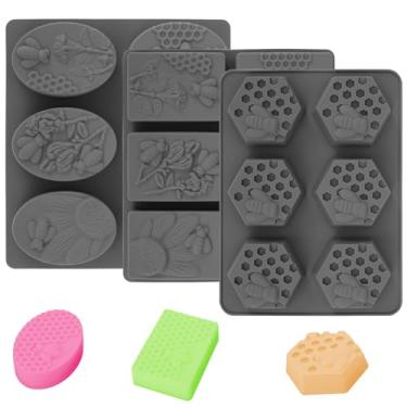 Imagem de XYDHQS 3 moldes de sabão de silicone de abelha, 6 cavidades, reutilizáveis, feitos à mão, molde de favo de mel de abelha para fazer bolinhos de sabão, brownies, pão de milho, oval retangular