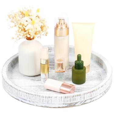 Imagem de Bandeja redonda de madeira, vintage, 30 cm, prato de sobremesa, multifuncional, bandeja decorativa para mesa de centro de mesa, decoração de banheiro (branco antigo, 30 cm)