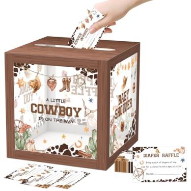 Imagem de JCTHKUKU 51 peças de caixa de sorteio de fraldas de chá de bebê cowboy com 50 ingressos, um pequeno caubói está a caminho, caixa de jogo sorteio de fraldas para decoração de festa de revelação de
