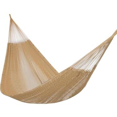 Imagem de PNAEUT Rede maia, tecido à mão, GG, redes grossas de corda macia para ambientes externos, capacidade máxima de 272 kg, alças de árvore e mosquetões incluídos (bronzeado)