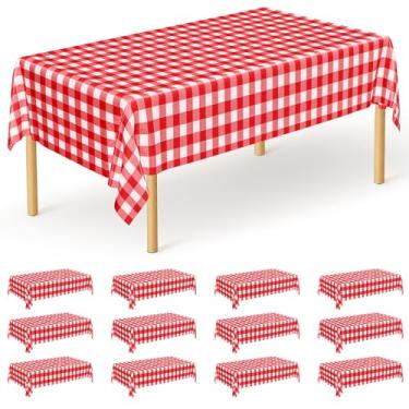 Imagem de 12 unidades de toalha de mesa retangular de 137 cm x 274 cm, toalha de mesa de plástico impermeável, descartável, toalha de mesa xadrez vermelha e branca para piquenique ao ar livre, festa de