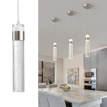Imagem de CCYCOL Luzes pendentes modernas ilha de cozinha, luminária suspensa de cristal bolha de LED, mini iluminação pendente de cozinha de níquel escovado sobre a ilha, 4000 K (1 pacote)