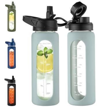 Imagem de CIVAGO Garrafa de água de vidro de 680 g com canudo e alça, grande garrafa de água motivacional esportiva com marcador de tempo e 2 tampas, jarro à prova de vazamento com manga de silicone para