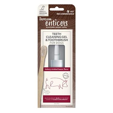Imagem de TropiClean Gel de limpeza de dentes e escova de dentes Enticers para cães S/M | Sabor de bacon defumado nogueira | Escova de bambu acelera a remoção da placa | Gel ajuda a combater o mau hálito | 59