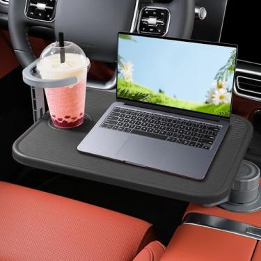 Imagem de Bandeja de carro e mesa de carro para laptop, mesa giratória de copo de madeira de 360°, suporte de laptop cantilever de alumínio para veículos, bandeja de volante, serve para Tesla modelo Y/3/S