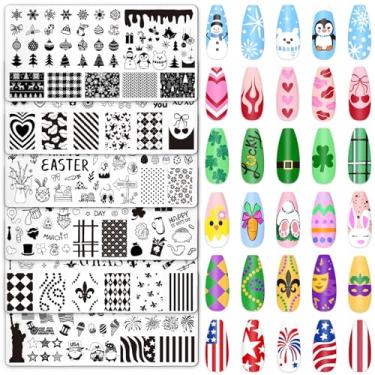 Imagem de Whaline 6 peças de placas de unhas patrióticas de inverno Dia de São Patrício, Páscoa, carnaval, modelos, carimbos, floco de neve, coração, trevo, ovo, máscara, estrela, arte em unhas, para design de