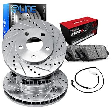 Imagem de R1 Concepts Rotores de freio traseiro da série eLine prata perfurada e ranhurada com ótimas pastilhas OEP e fio de sensor compatíveis com Mercedes-Benz CLS450, CLS53 AMG, E400, E43 AMG, E450, E53 AMG