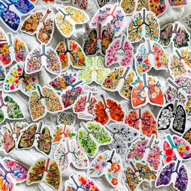 Imagem de Adesivos de arte floral de pulmões anatômicos de 50 peças – Adesivos de anatomia médica estética de flor de pulmão humano para presentes de enfermeiras, estudantes de medicina, médicos, álbuns, diário