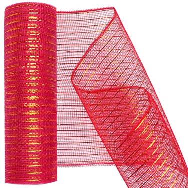 Imagem de MIKIMIQI Deco Mesh Fita de malha decorativa de 25,4 cm x 7,6 m com fita decorativa de folha metálica para grinaldas de primavera, grinaldas, artesanato, decoração de festa (ouro vermelho)