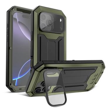Imagem de FunnyWin Capa de metal compatível com iPhone 17 com suporte para câmera Gorilla Glass integrada, híbrida, militar, armadura de silicone resistente, capa de telefone para homem e mulher (verde)