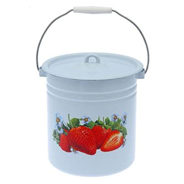 Imagem de Balde de gelo esmaltado em aço inoxidável com tampa "Morango" 12,7 Qt/12 L, balde de água de gelo grande esmaltado vintage azul claro com tampa, balde de gelo externo esmaltado antigo com alça