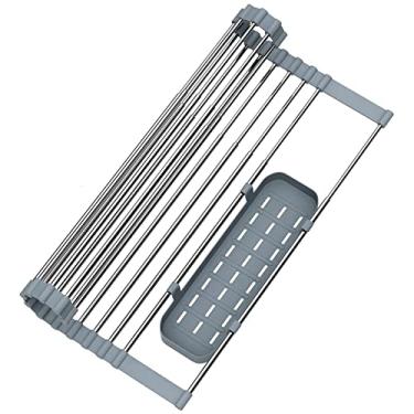 Imagem de Escorredor de pratos/suporte para utensílios, escorredor de pratos, rolo extensível para cozinha dobrável sobre o lava-loiças, escorredor de pratos com design que economiza espaço suporte para drenar