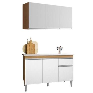 Imagem de Balcão de Pia Tatiane 120cm e Armário Aéreo Andréia 3 Portas Amêndoa B