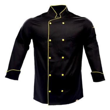 Imagem de Dólmã Unissex Para Chef Cozinha Preto Com Detalhes Amarelo Uniforme 10