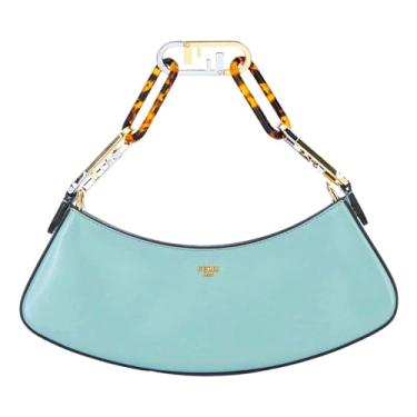 Imagem de FENDI O'Lock Bolsa de ombro pequena Hobo de couro de bezerro azul turquesa – Bolsa feminina de luxo com logotipo dourado 8BS068
