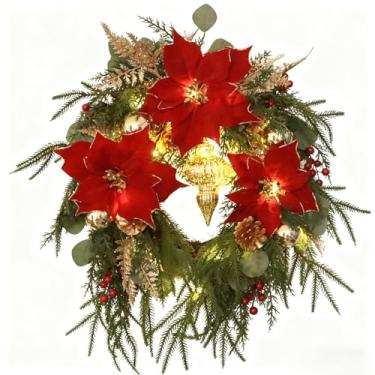 Imagem de Guirlanda de Natal com poinsétias vermelhas, ornamentos dourados e pinhas, decoração de porta de feriado artificial de 61 cm (ouro)