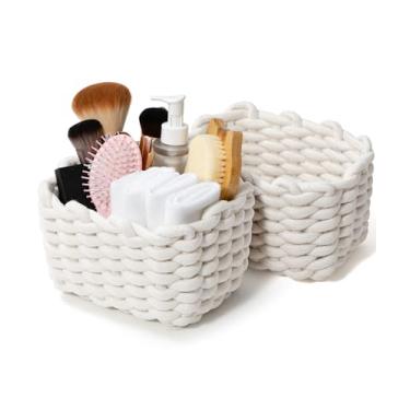 Imagem de Conjunto de 2 cestas de armazenamento para organização doméstica, cesta decorativa de tecido macramê para cosméticos, maquiagem, brinquedos, armário, decoração de sala de estar, quarto, 18 x 14 x 12,7