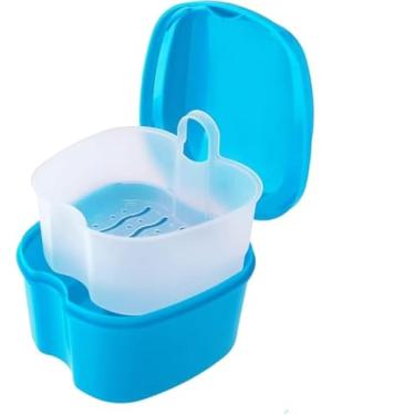 Imagem de 1 estojo para dentadura dentária, protetor bucal dentário, limpeza de caixa de banho com escova, cesto de filtro e tampa à prova d'água - azul