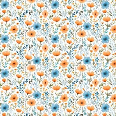 Imagem de Tecido Tricoline Floral Iris (Laranja e Azul) - Coleção Handmade - Per