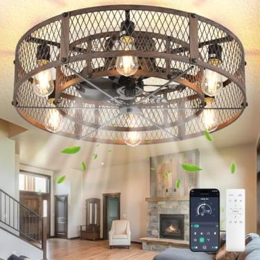 Imagem de Depuley Ventilador de teto enjaulado com luzes: Gaiolas de montagem semi-embutida industrial luminária de ventilador de teto - Ventiladores de teto de nogueira com controle remoto - Lustre de perfil