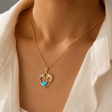 Imagem de Presentes de unicórnios para mulheres, joias femininas, banhado a ouro 14K, colar colorido de unicórnio com pingente de coração e pedra do mês de nascimento, 18"+2", Latão, Sem Pedra Preciosa