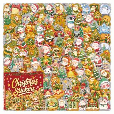 Imagem de Conjunto de 200 adesivos de vinil de Natal de folha dourada, adesivos de garrafa de água de Natal para crianças e adultos, adesivos de férias à prova d'água para álbuns, artesanato, lembrancinhas de