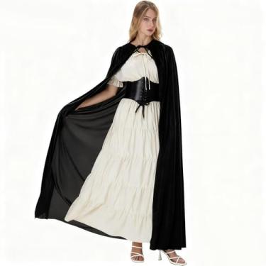 Imagem de Mepase Fantasia renascentista feminina medieval pirata camponesa vestido de veludo com capuz espartilho cinto para Halloween (preto, G)