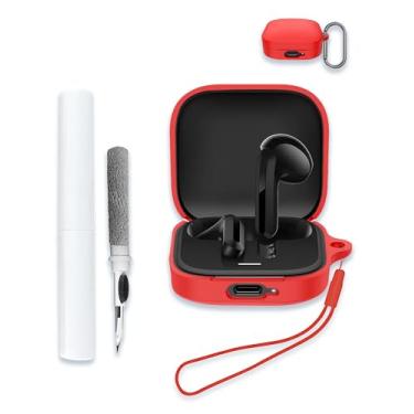 Imagem de Capa para Xiaomi Redmi Buds 6 Active, proteção de silicone macio, portátil, resistente a arranhões, resistente a choques, compatível com capa rígida com kit de limpeza, mosquetão e cordão, vermelha