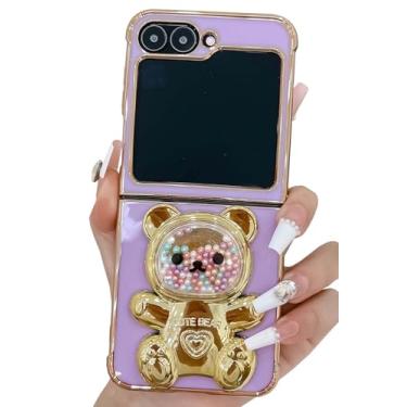 Imagem de Kwhapoo Linda capa com suporte compatível com Samsung Galaxy Z Flip 5/Z Flip 6 de 6,7 polegadas, contas douradas 3D luxuosas, areia movediça, suporte feminino de urso para mulheres, capas macias de