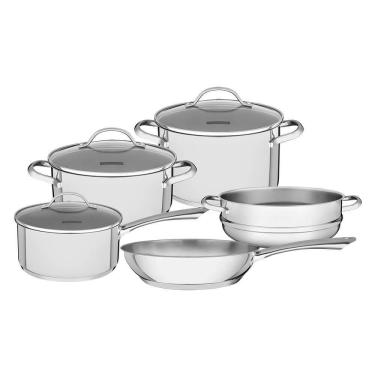 Imagem de Jogo de Panelas Tramontina Una em Aço Inox com Fundo Triplo e Tampas de Vidro 5 Peças 65280010