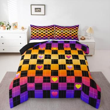 Imagem de jejeloiu Conjunto de cama de coração quadriculado, macio, para meninos e meninas, tamanho solteiro, amarelo, roxo, preto, edredom de microfibra, quadriculado, geométrico, decoração de quarto, 2 peças