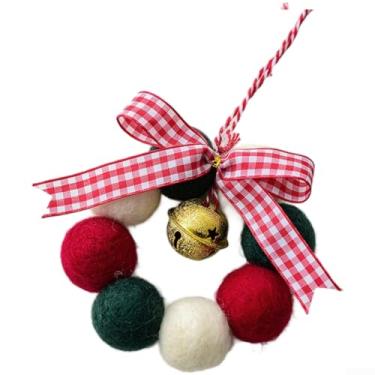 Imagem de Mini guirlanda de Natal de feltro de lã feita à mão com sinos e laços festivos, guirlanda DIY de 10 cm de diâmetro para decoração de mesa ou parede em vermelho