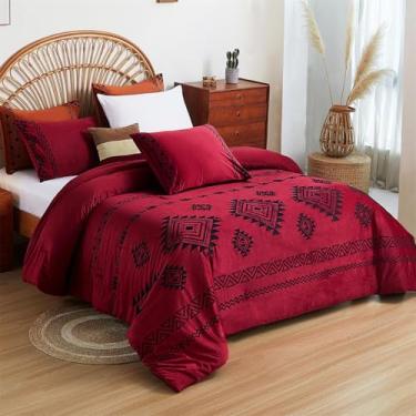 Imagem de Cmfshape Conjunto de edredom luxuoso de veludo, frente e verso, boêmio, bordado, vinho, conjunto de 3 peças, ultra macio, leve, 228,6 cm x 228,6 cm
