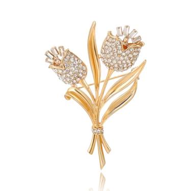 Imagem de DONABUS Broche de cristal vintage floral ouro broche micro pavê margarida/enfeite de strass tulipa para mulheres estilos de férias., Large, Zinco Strass Cristal, Cristal Strass