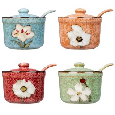 Imagem de Soyestan Açucareiro de cerâmica feito à mão com tampa e colher, pote de condimento de porcelana de 255 g com design floral pintado à mão, recipiente de tempero colorido para açúcar, sal, especiarias e
