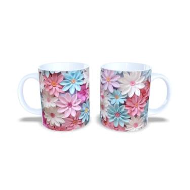 Imagem de Caneca de Cerâmica com Estampa Floral 3D, Branca, 325ml, Design Moderno com Flores Coloridas (14123)
