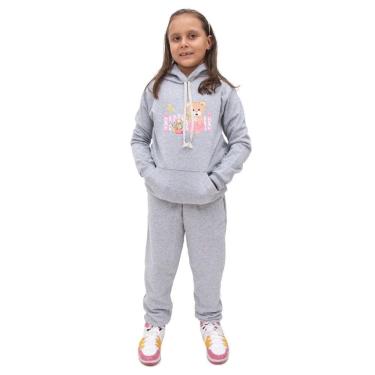 Imagem de Kit de Blusa e Calça Moletom Infantil Menina Estampa Urso e Flores Costuras Reforçadas Inverno