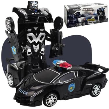 Imagem de Carrinho de Polícia Vira Robô Transformers Bate e Volta com Luz e Som Brinquedo Infantil Interativo Preto Carrinho Kizumba