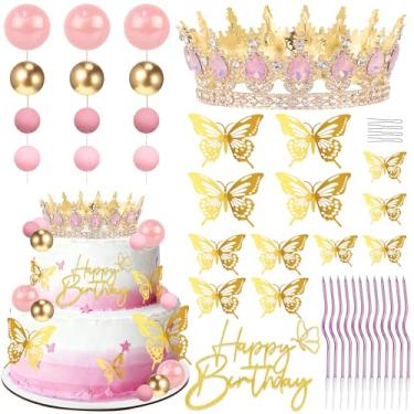 Imagem de Topo de bolo de coroa de aniversário, decorações de bolo com topo de bolo de feliz aniversário, bolas, borboletas douradas, Corona para pastel para mulheres, princesa, decoração de festa de casamento