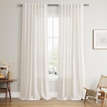 Imagem de Nanspring Cortinas de linho branco marfim 127 x 243 cm de comprimento para sala de estar com aba traseira e bolso semitransparente, boho, privacidade, filtro de luz, cortinas de linho grossas para