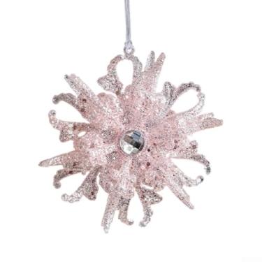 Imagem de Enfeite de árvore de Natal de sino de floco de neve rosa de plástico com acabamento brilhante e design elegante de inverno para decoração de férias festivas, decoração leve para pendurar