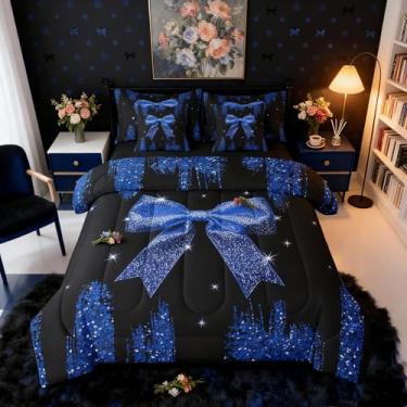 Imagem de Erosebridal Jogo de cama solteiro com nó de laço azul marinho, 7 peças, conjunto de cama solteiro com laço cintilante, conjunto de lençol e edredom com laço geométrico, com glitter, kawaii geométrico