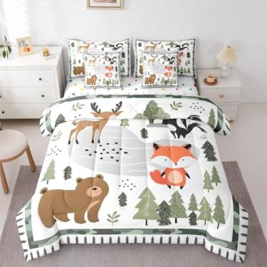 Imagem de Feelyou Conjunto de edredom fofo de animais da floresta com lençol de 7 peças, solteiro, urso, raposa, veado, para crianças, meninos, meninas, decoração de quarto, microfibra leve e macia