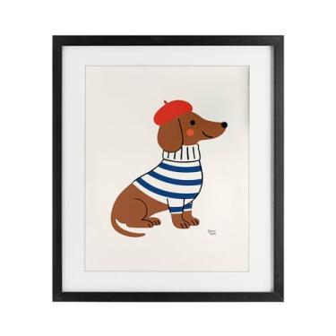 Imagem de Stupell Industries Dachshund francês em boina impressão emoldurada preta sob vidro, design por Jessica Beck, 40 x 33