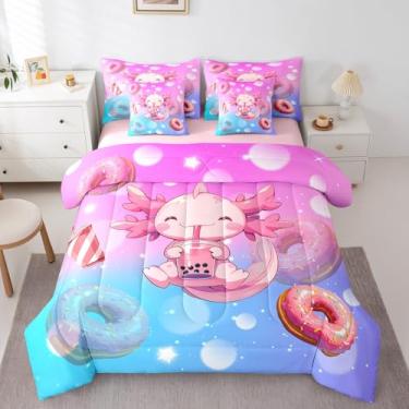 Imagem de Jogo de cama de casal adorável Axolotl com 7 peças, salamandra, salamandra, azul, rosa, gradiente, anfíbio, tritão, sobremesa, leite, chá, donut, decoração de quarto kawaii